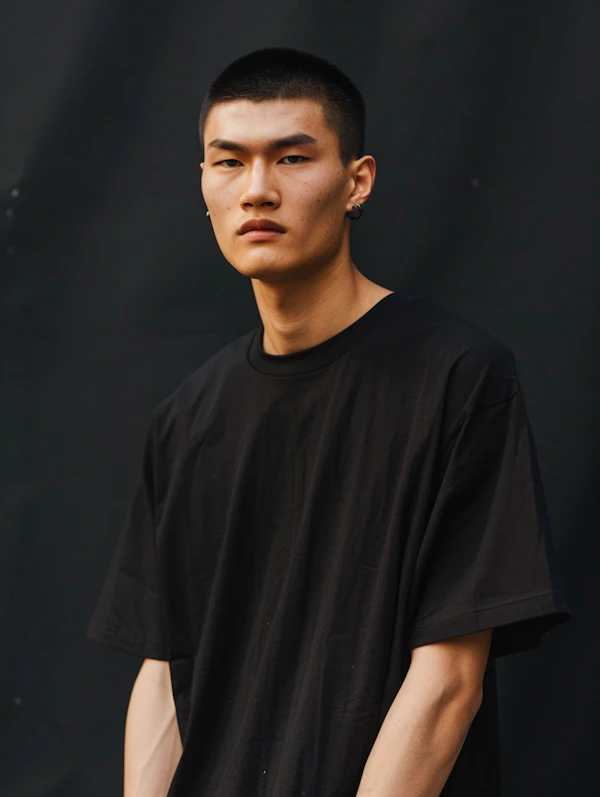 Stoic Young Man in Simple Black Tee