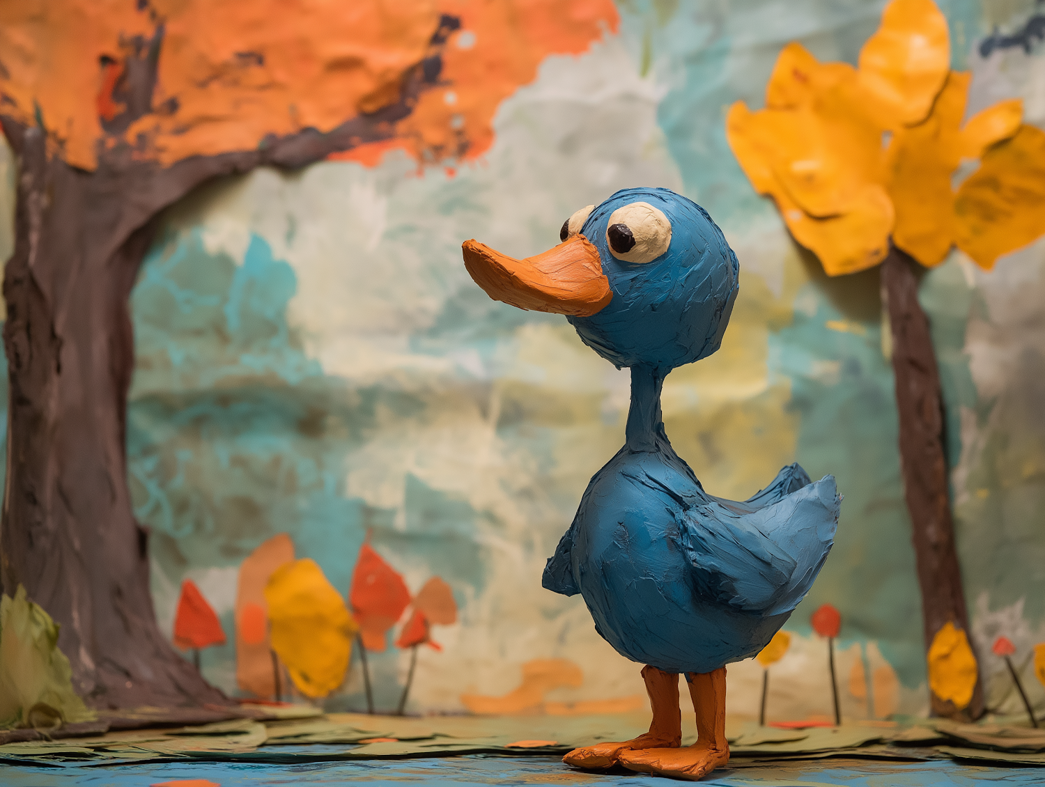 Claymation Blue Duck in Autumn Setting