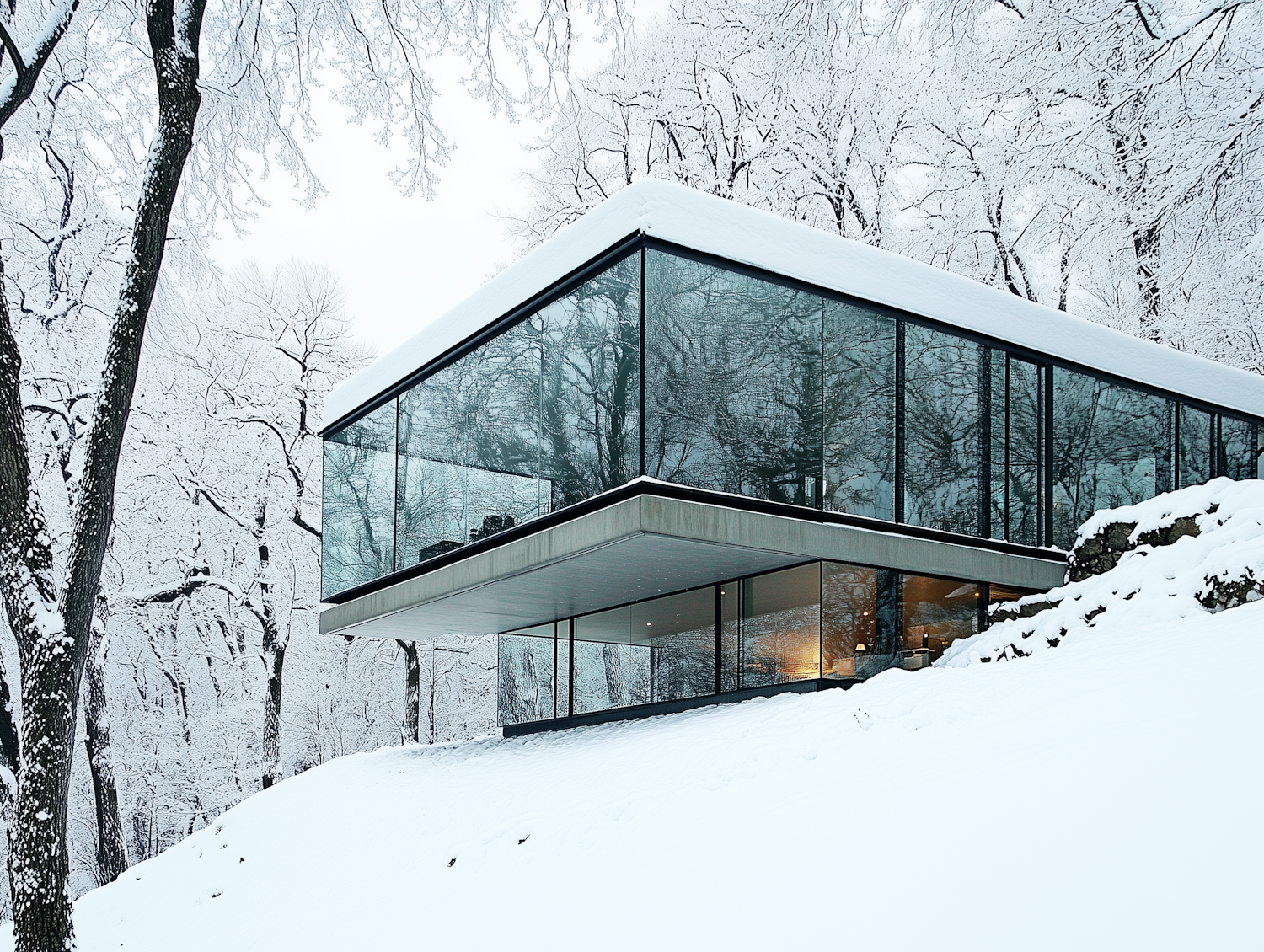 Modern Glass House in Snowy Landscape