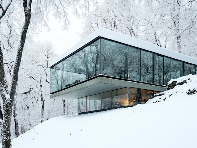 Modern Glass House in Snowy Landscape