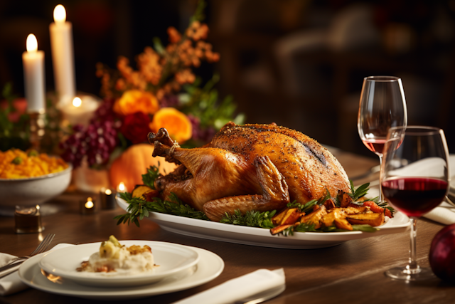 Festive Thanksgiving Feast with Roasted Turkey and Elegant Sides