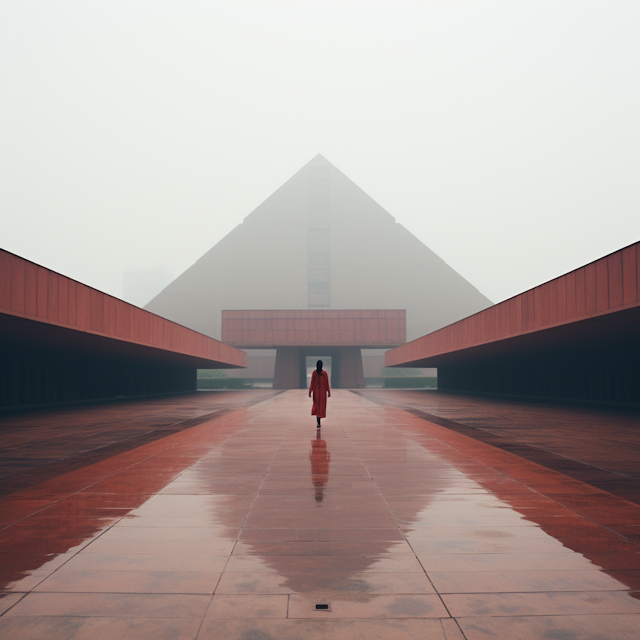 The Lone Figure in Red Amidst the Misty Plaza