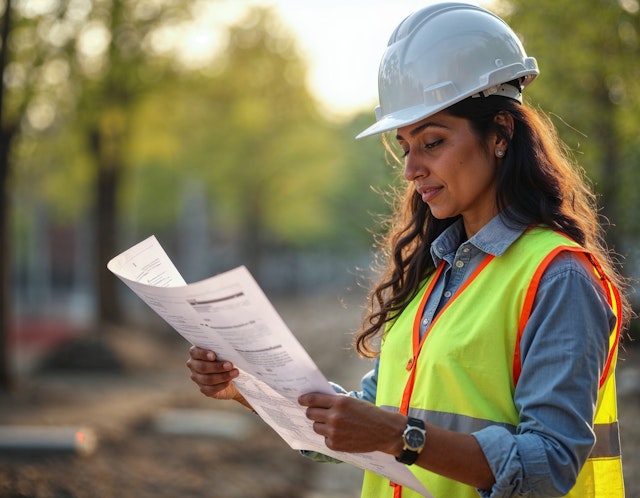 Professional Woman Reviewing Documents on Site