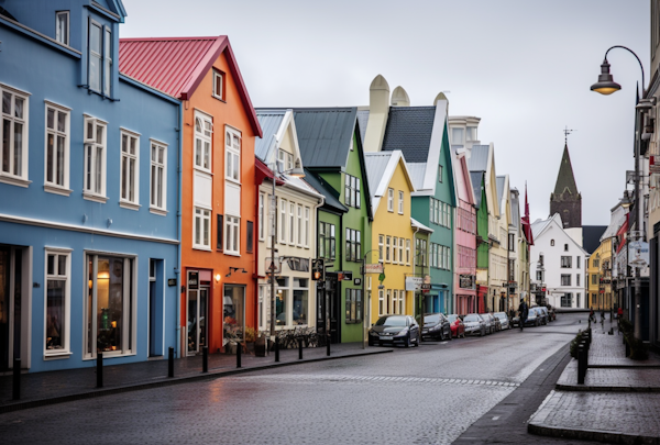 Rain-Kissed Cobblestone Street with Colorful Façades