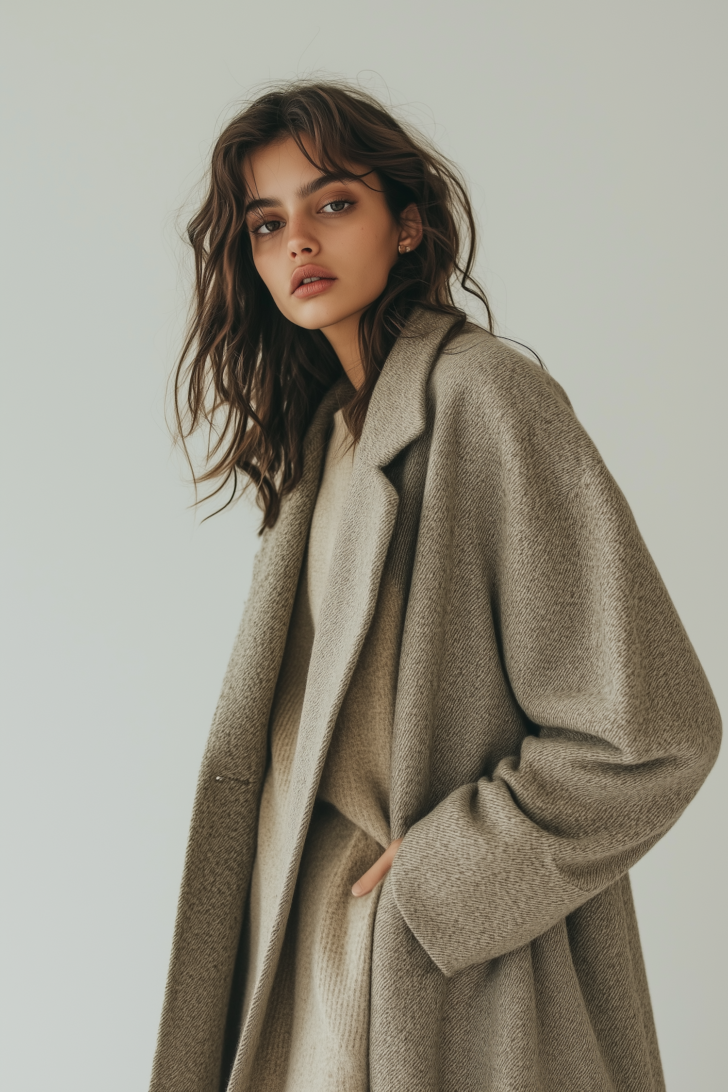 Contemplative Woman in Oversized Coat