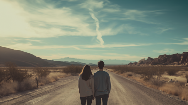 Journey Together: Desert Road at Dusk