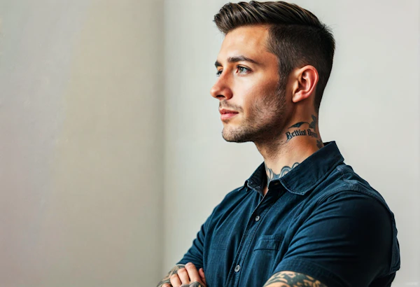 Contemplative Man with Tattoos