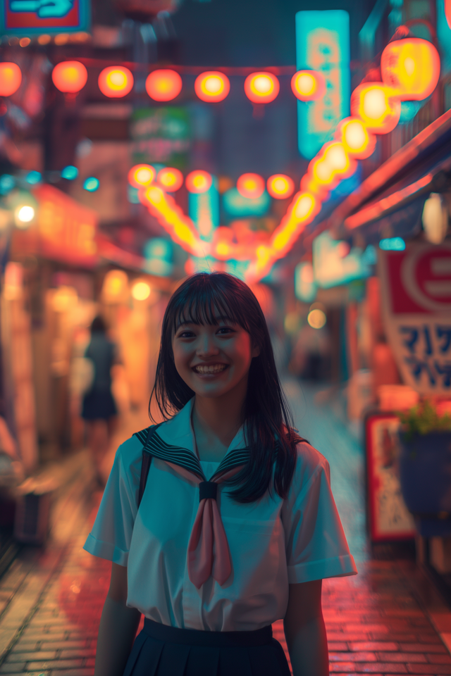 Young Woman on Neon-Lit Street