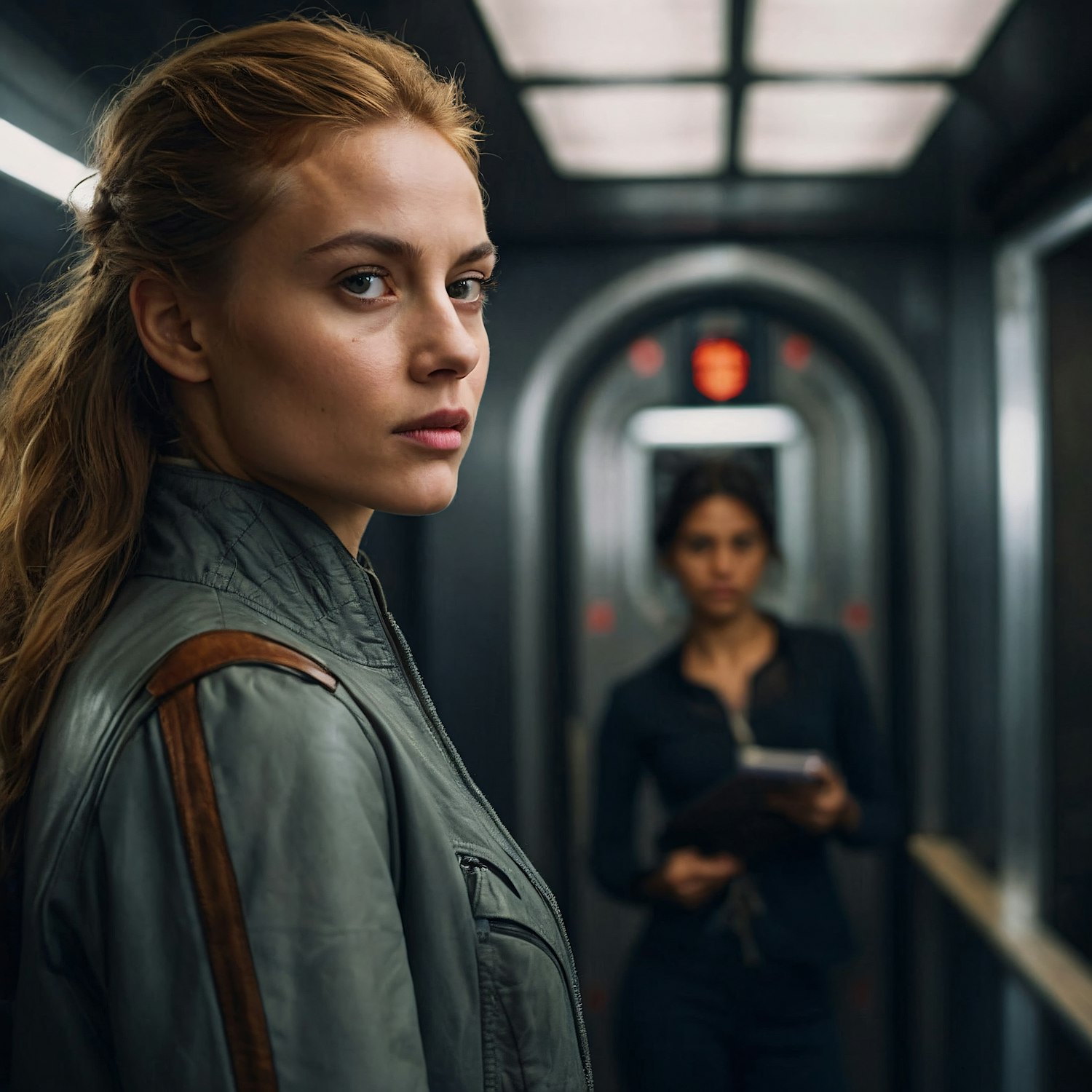 Contemplative Woman in Corridor