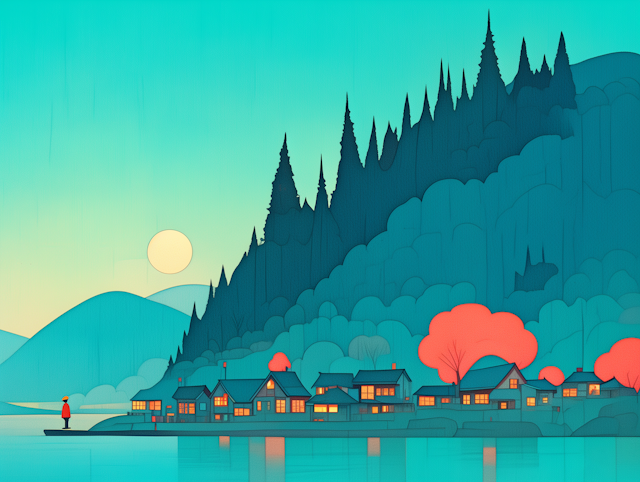 Serene Lakeside Village at Dawn/Dusk