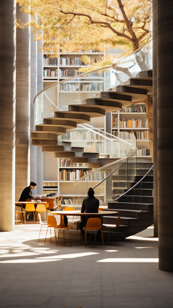 Luminous Atrium Library with Spiral Staircase