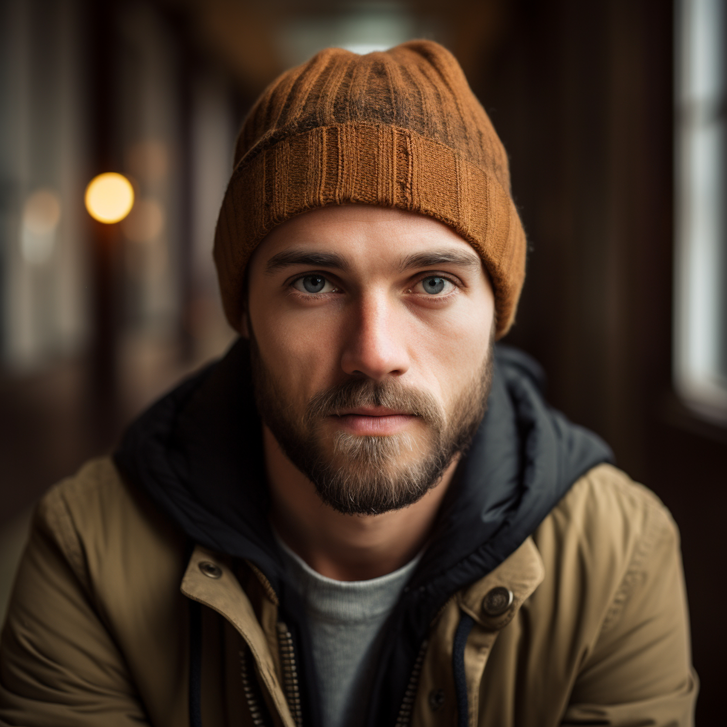 Focused Man with Rust Beanie