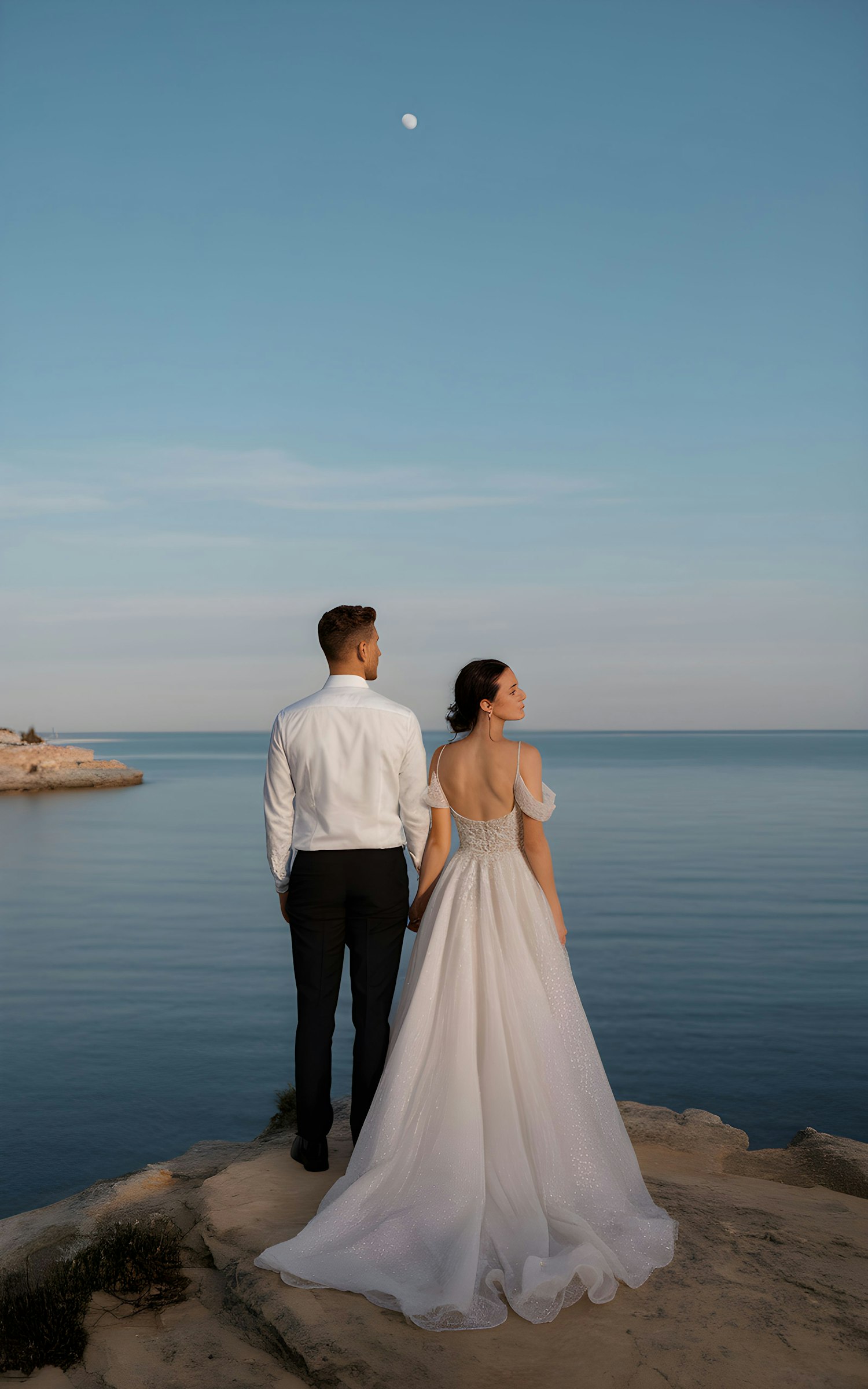 Elegant Couple on Cliff Overlooking Ocean at Dusk