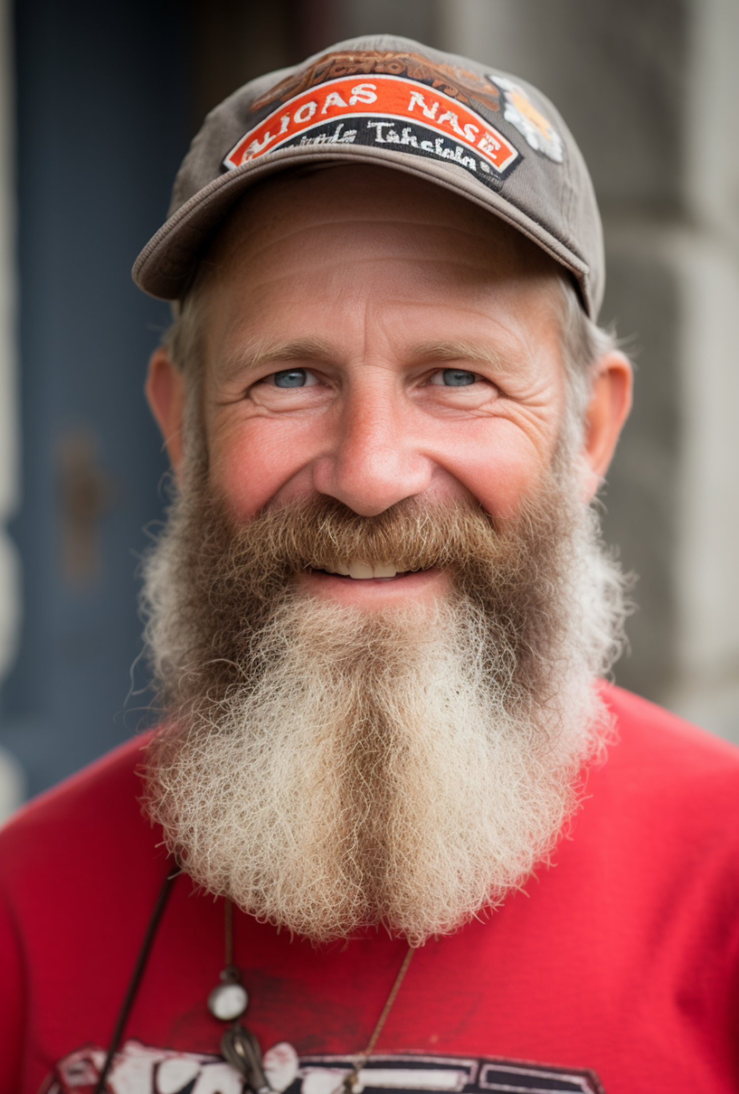 Beaming Bearded Man with Cap and Necklace