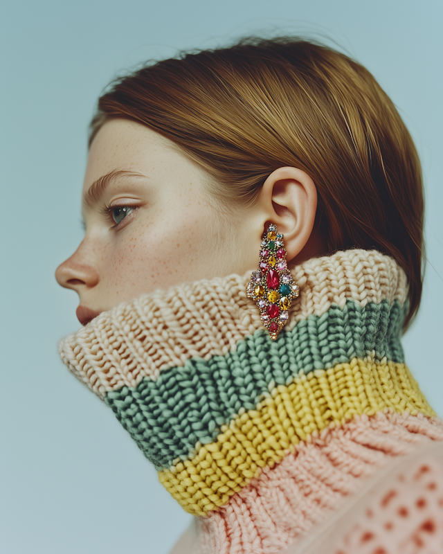 Profile Portrait with Knit Sweater and Gemstone Earring