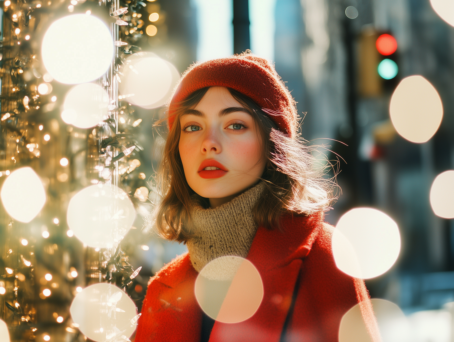 Woman in Red Coat with Festive Lights