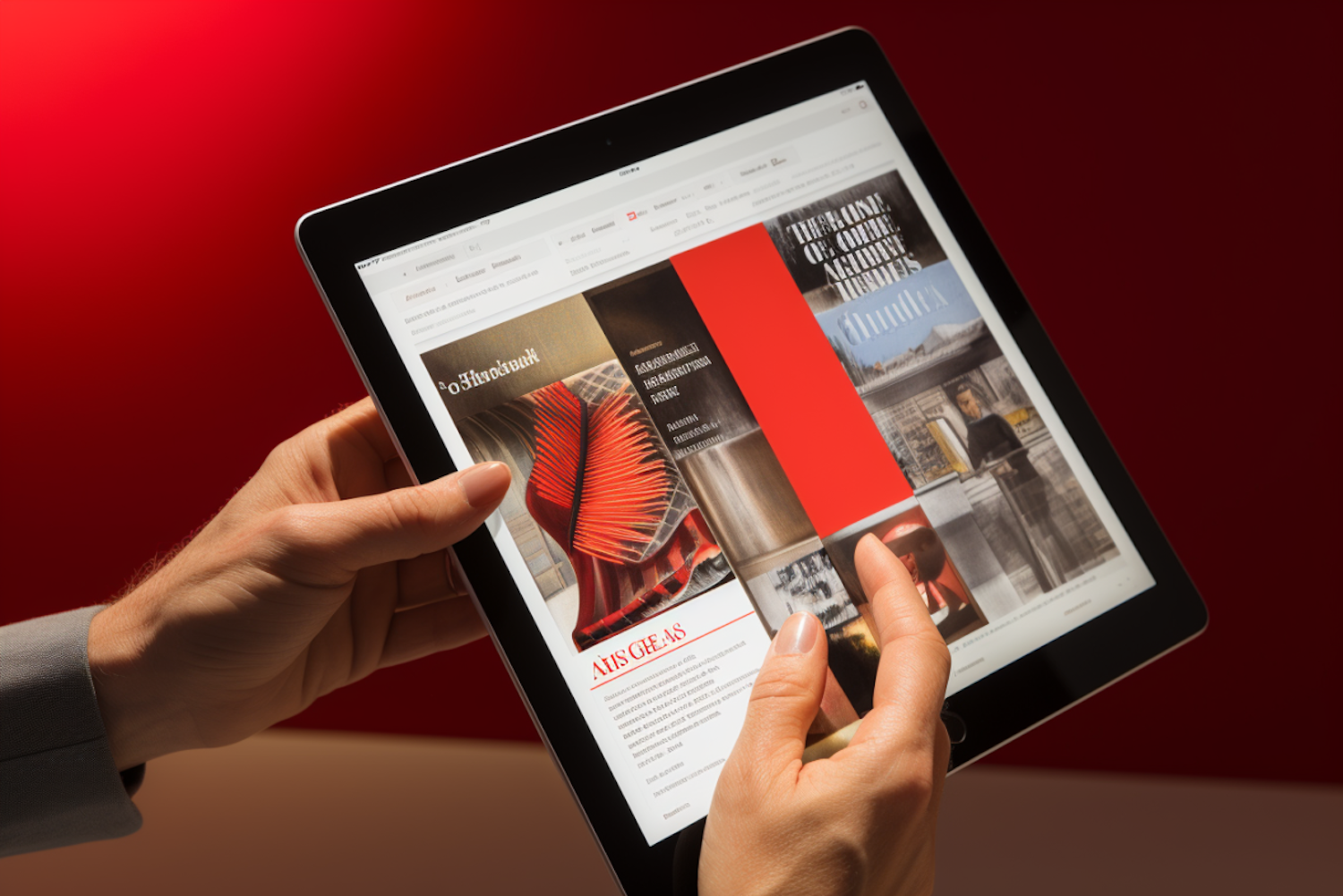 Casual Tablet Reader Engaging Digital Magazine with Vivid Red Design