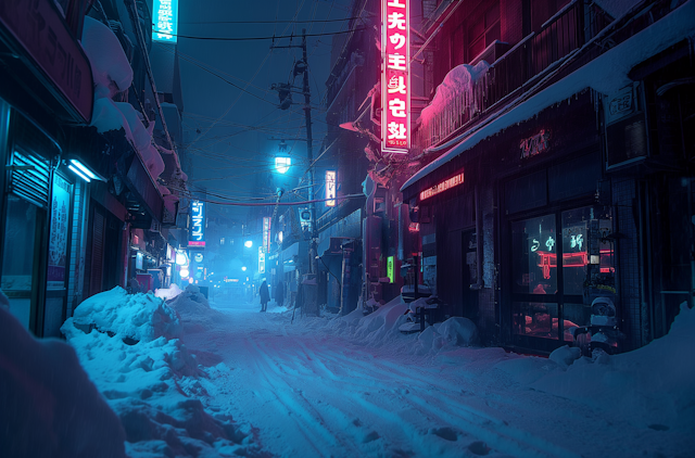 Snowy Night in Neon-Lit City