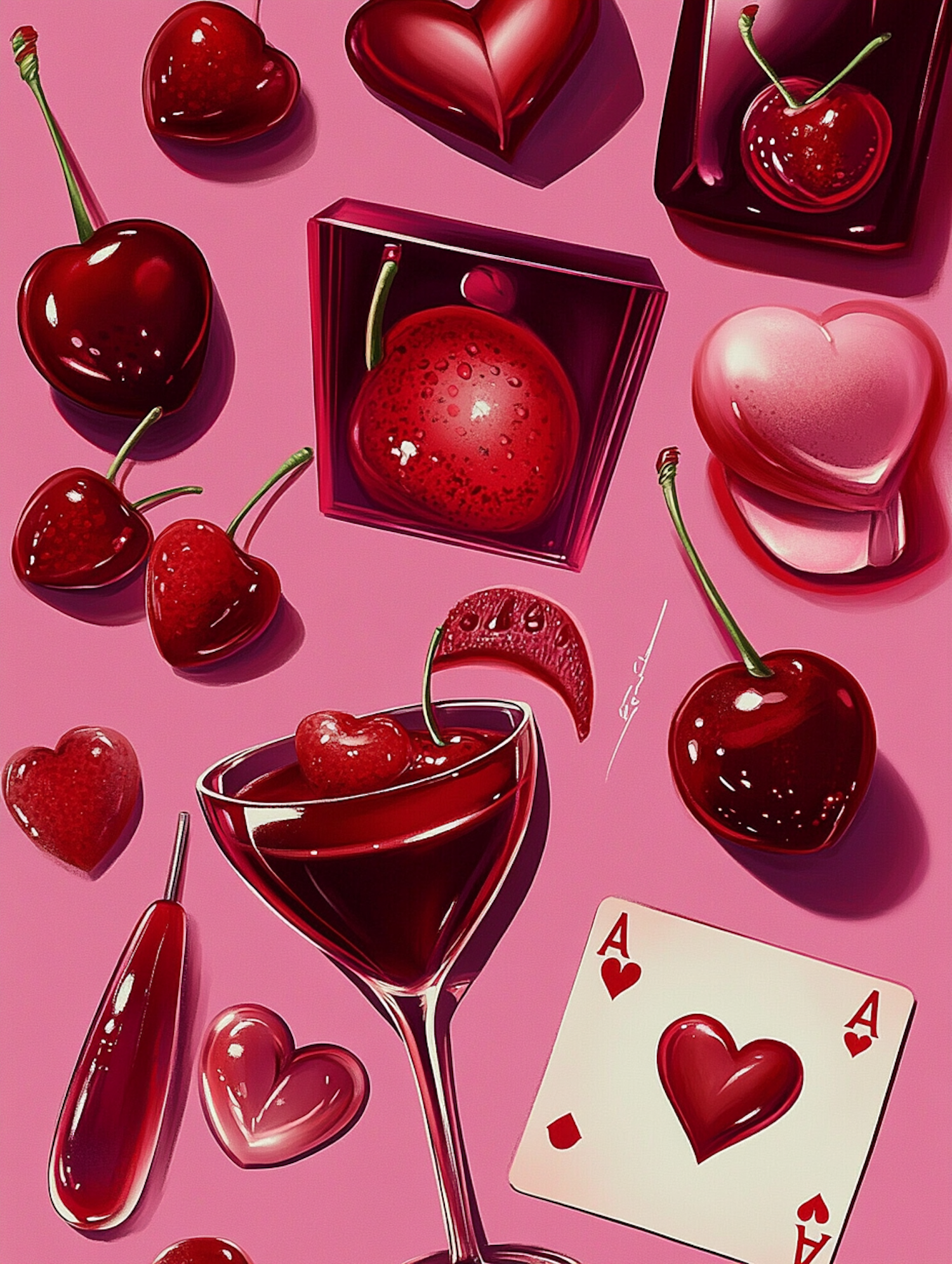 Cherries and Hearts Illustration