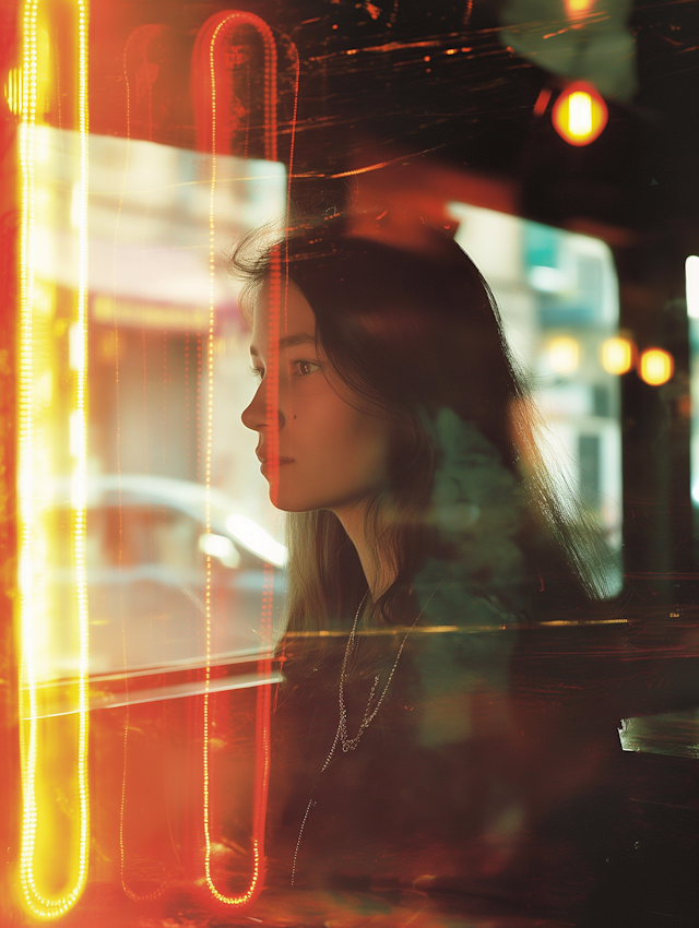 Contemplative Young Woman under Neon Lights