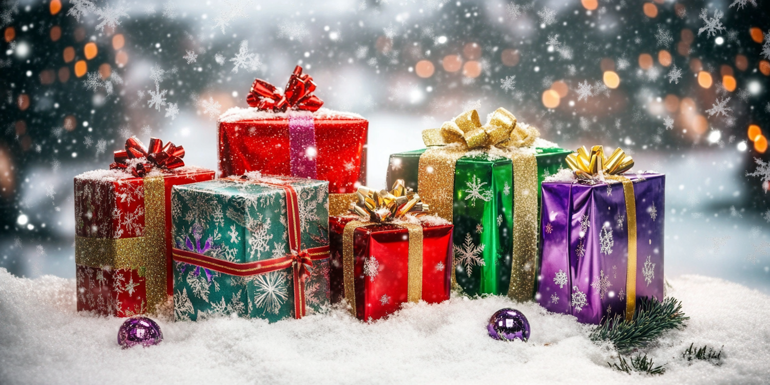 Festive Gift Boxes in Snowy Backdrop