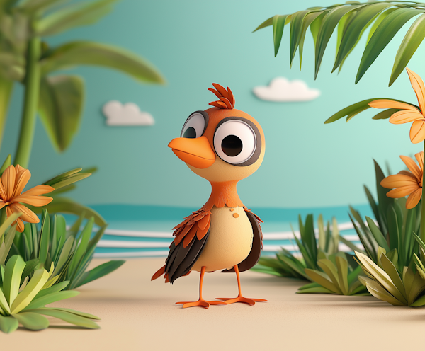 Cheerful Cartoon Bird at the Beach