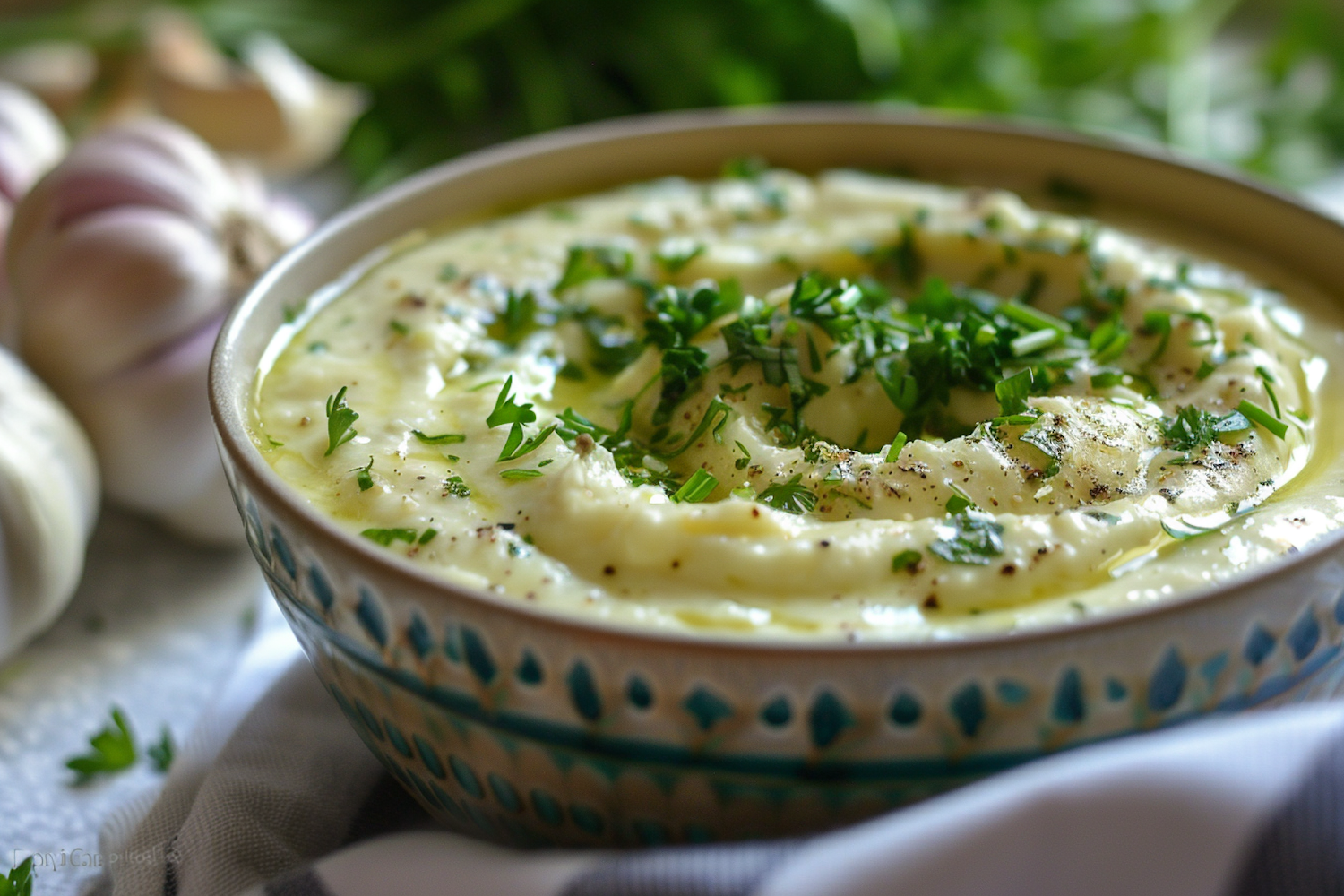 Creamy Mashed Potatoes in Patterned Bowl