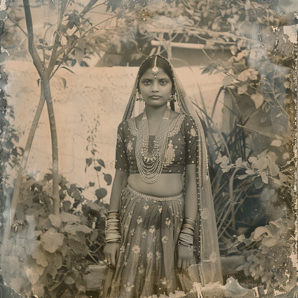 Sepia-toned Portrait of Girl in Traditional South Asian Attire