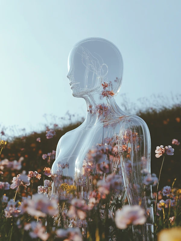Transparent Humanoid in Flower Field