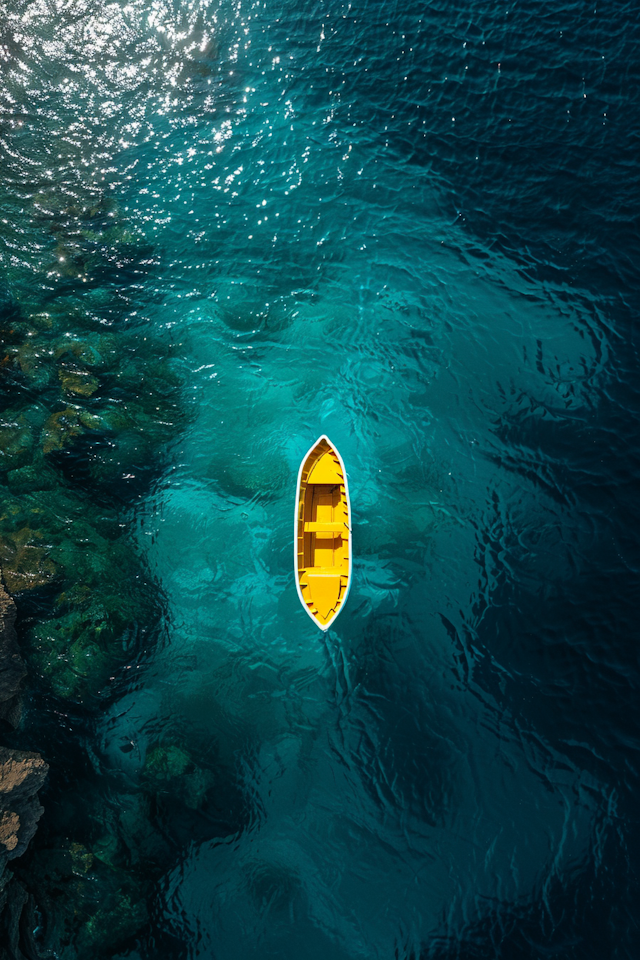 Lone Yellow Boat on Blue Water