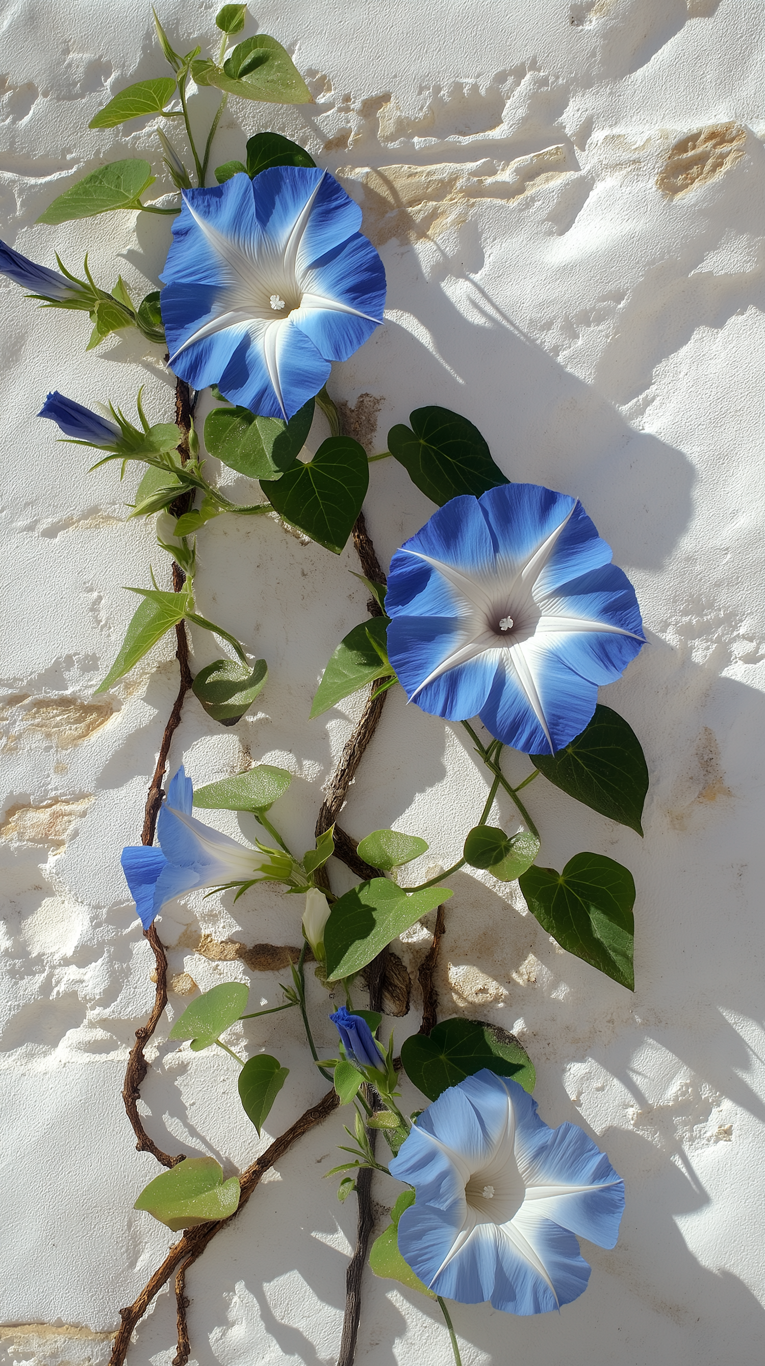 Blue Morning Glory Against White Wall