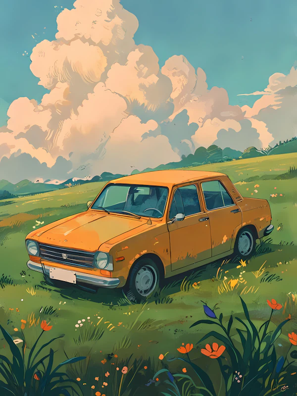 Vintage Orange Car in Wildflower Field