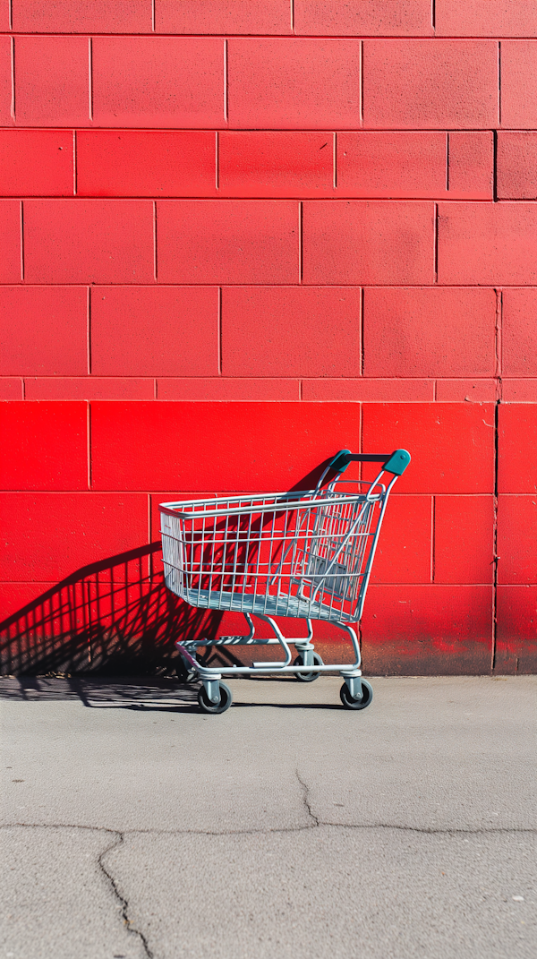 Isolated Shopping Cart Against Red Brick Wall