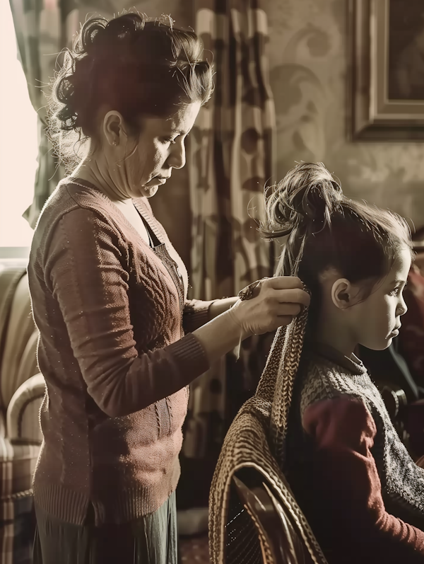 Intimate Domestic Scene of Woman Braiding Child's Hair