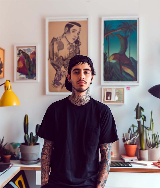 Tattooed Young Male with Artwork and Plants