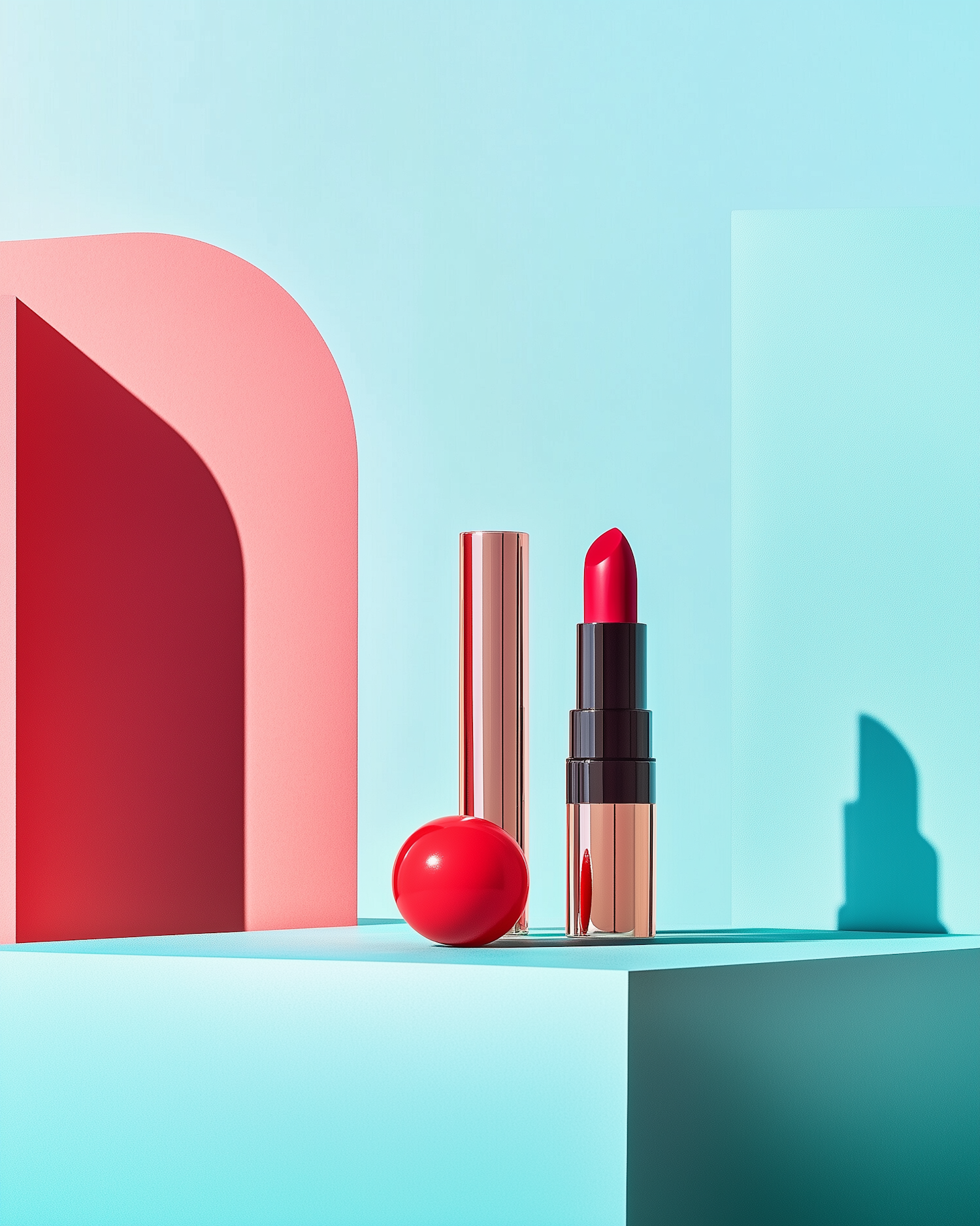 Red Lipstick and Spherical Object on Minimalist Background