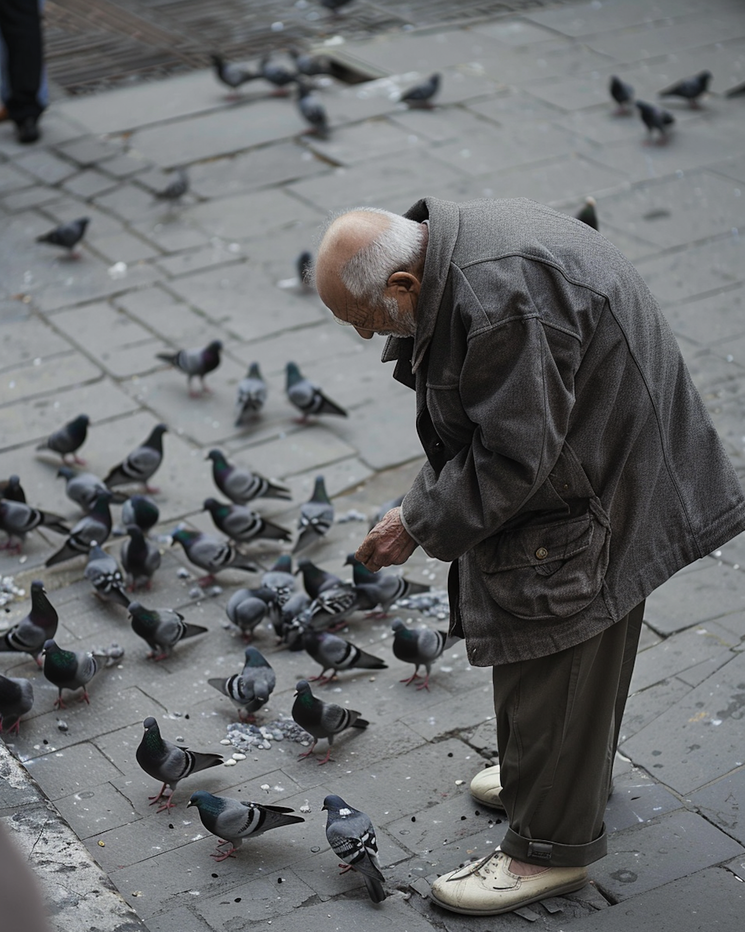 Elderly Man Feeding Pigeons