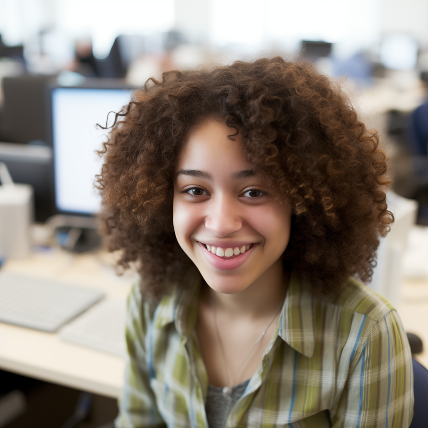 Cheerful Curly-Haired Woman in Green Checkered Shirt