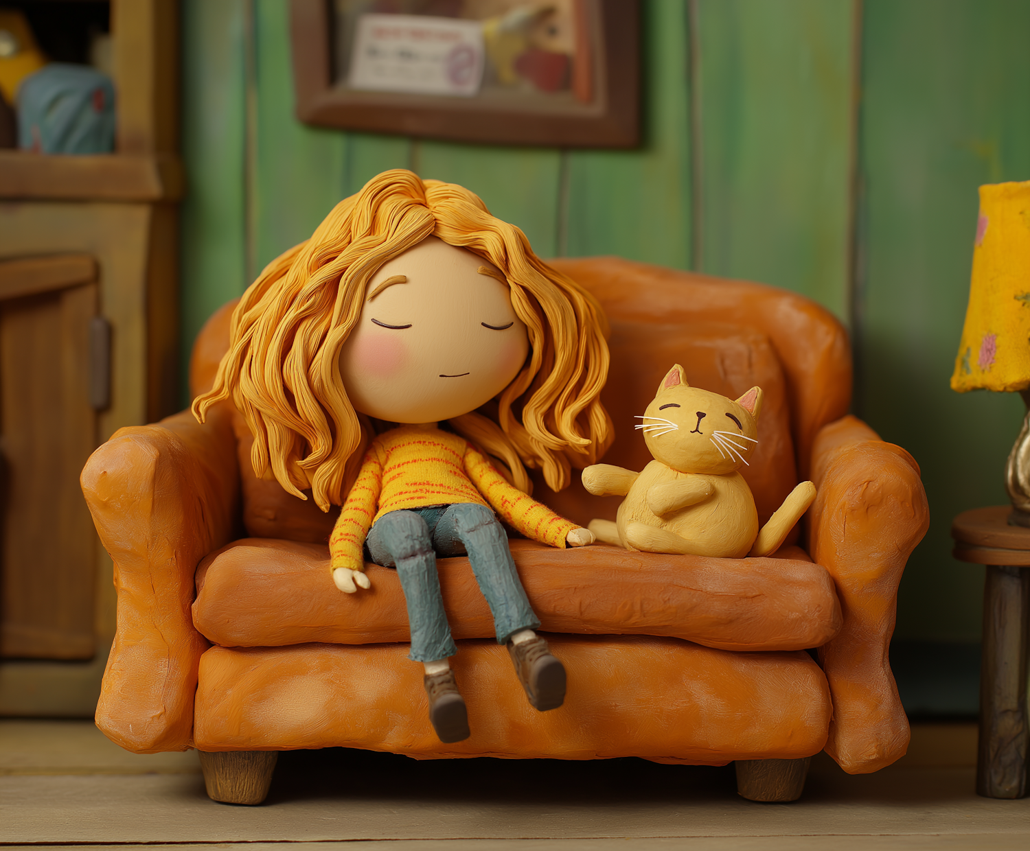 Serene Young Girl with Cat on Orange Couch