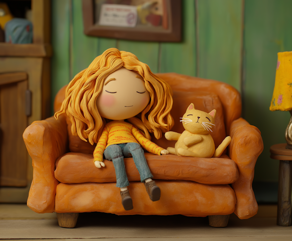 Serene Young Girl with Cat on Orange Couch