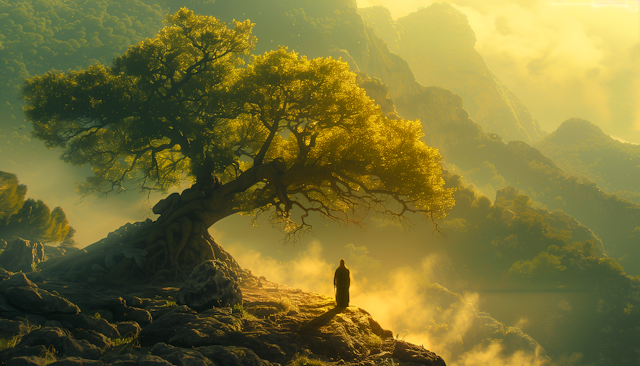 Solitary Figure and Grand Tree at Sunset