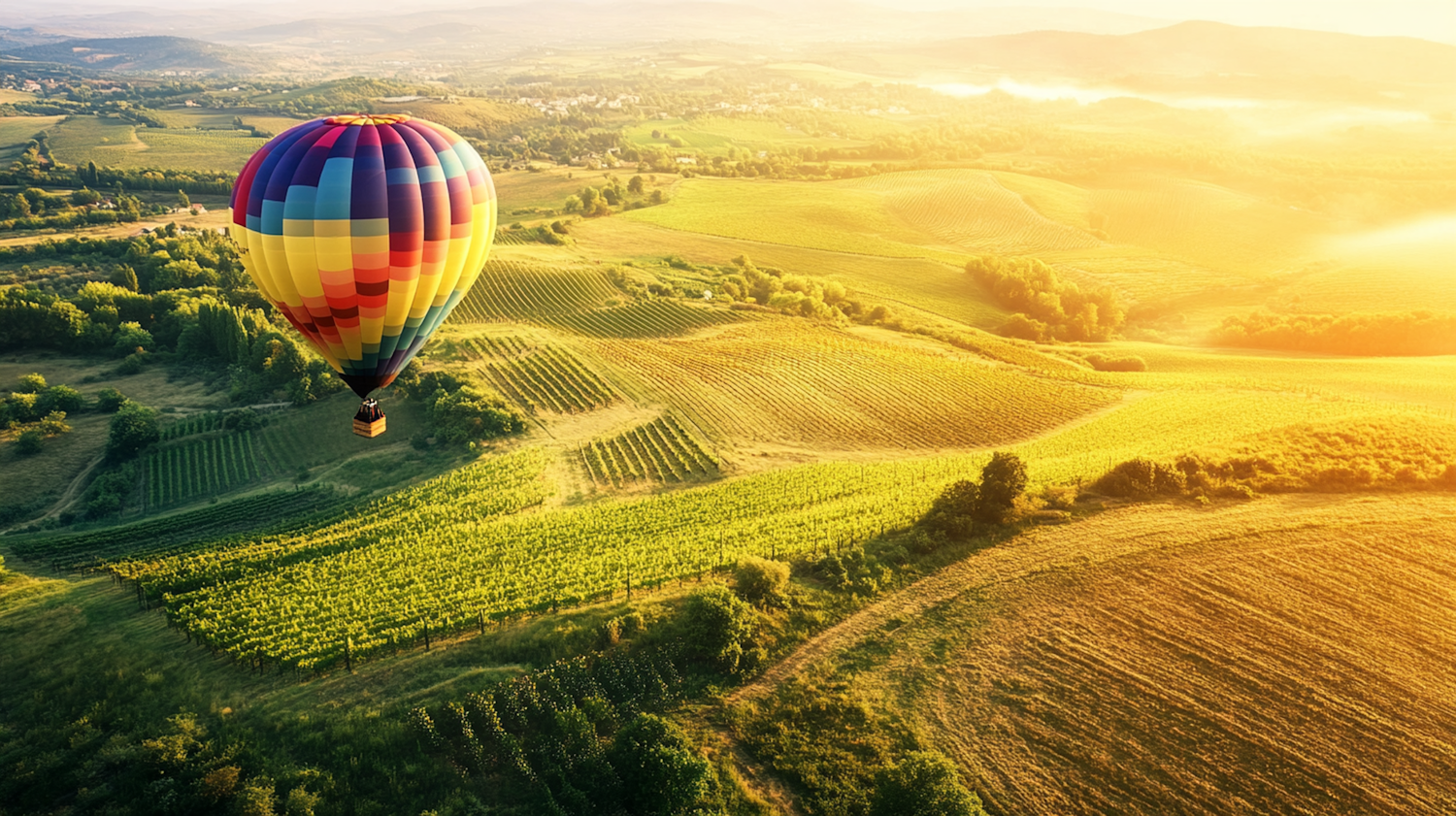 Hot Air Balloon Over Fields