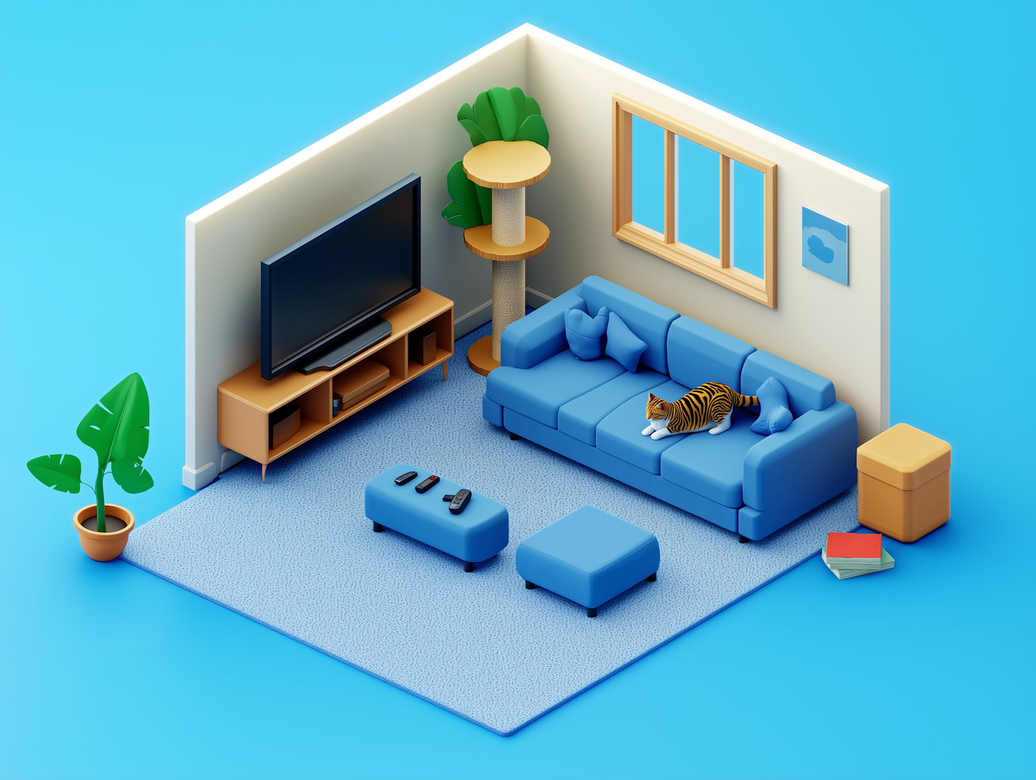 Stylized 3D Illustration of Cozy Living Room with Cat