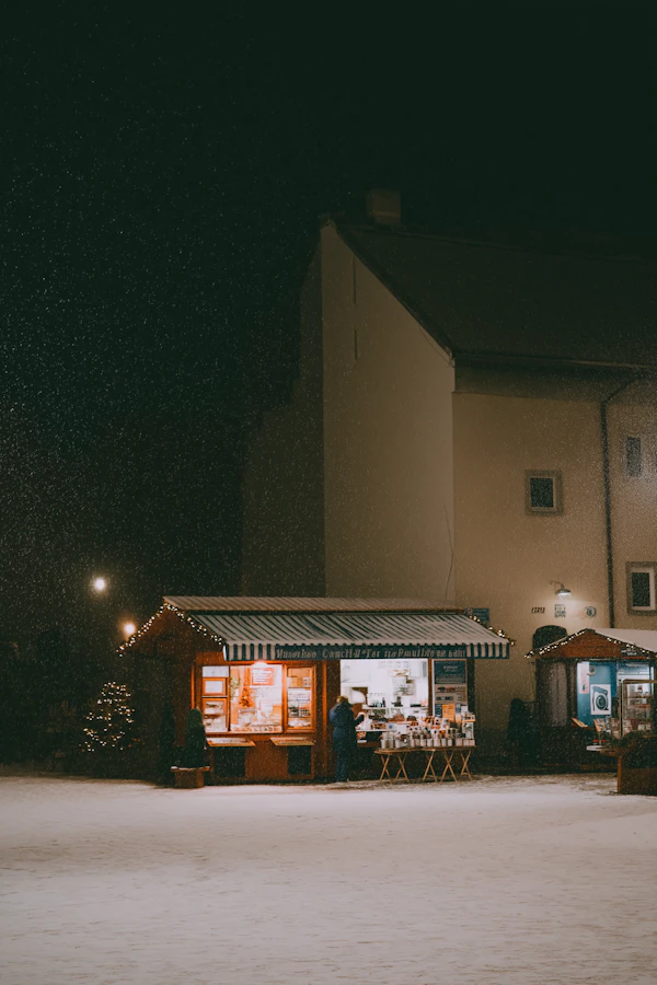 Snowy Night Christmas Market Scene