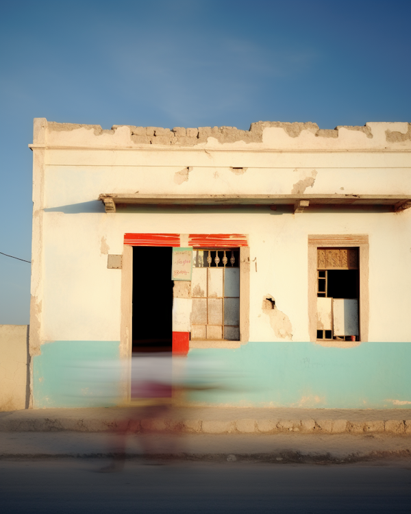 Golden Hour at the Faded Turquoise Abode with Ghostly Passerby