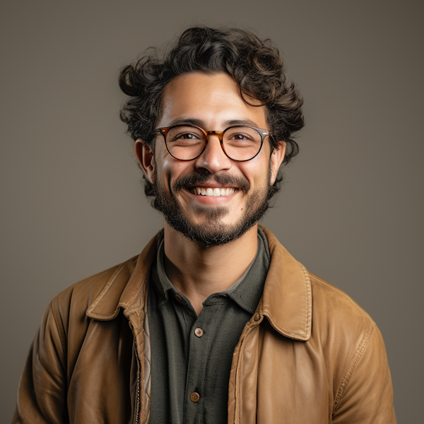 Cheerful Curly-Haired Man in Tortoiseshell Glasses