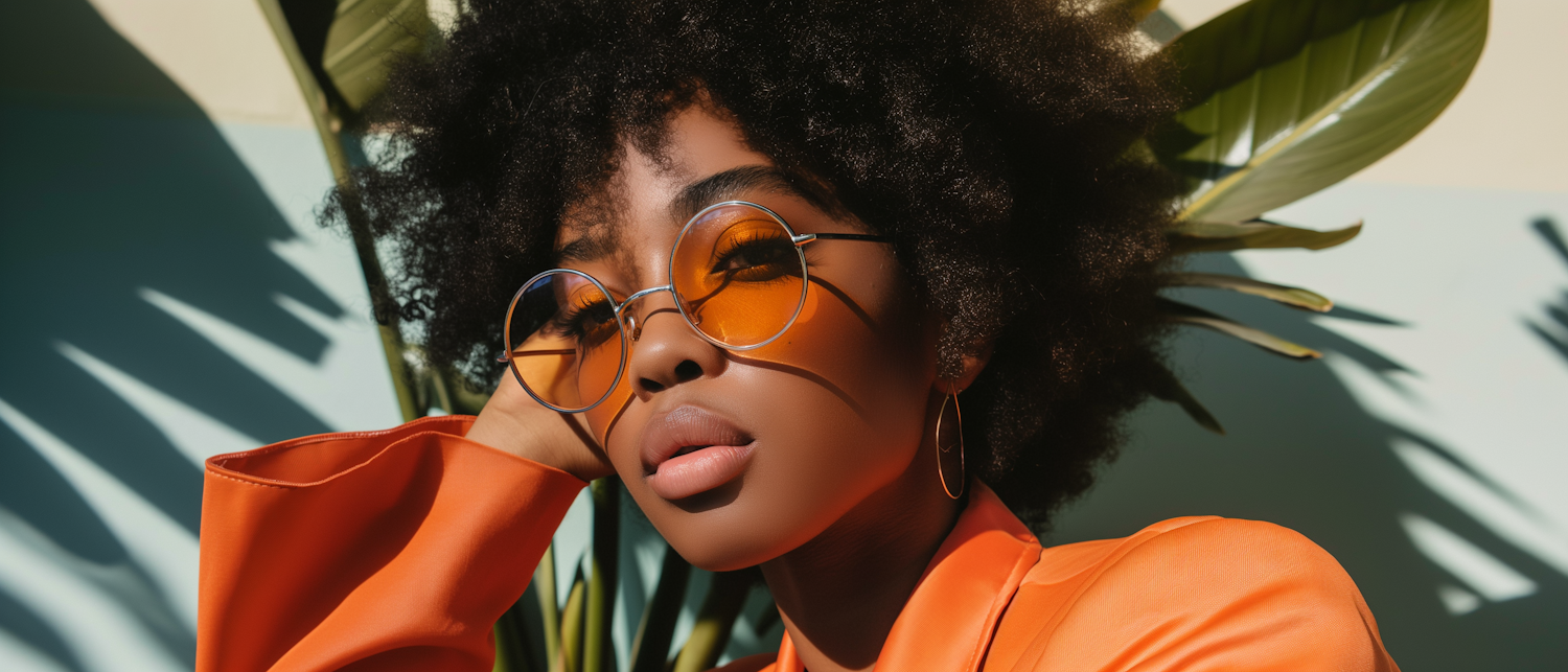 Contemplative Woman with Afro Hairstyle and Orange Sunglasses