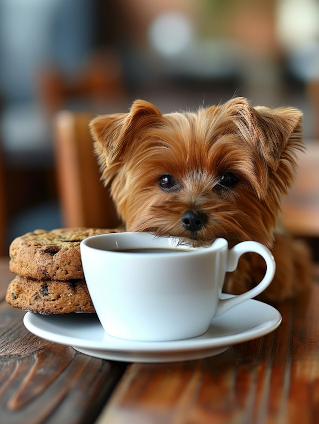 Yorkshire Terrier with Teacup and Cookies