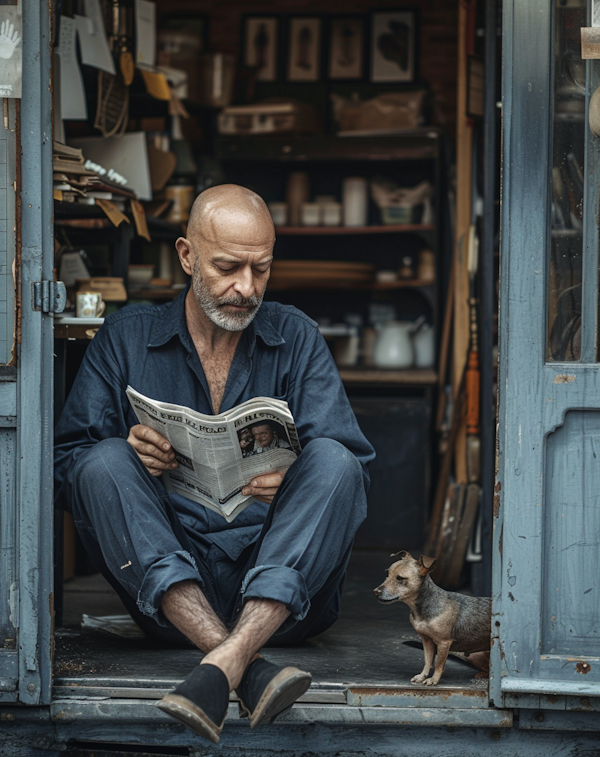 Elderly Man Reading in a Cluttered Workshop with Dog