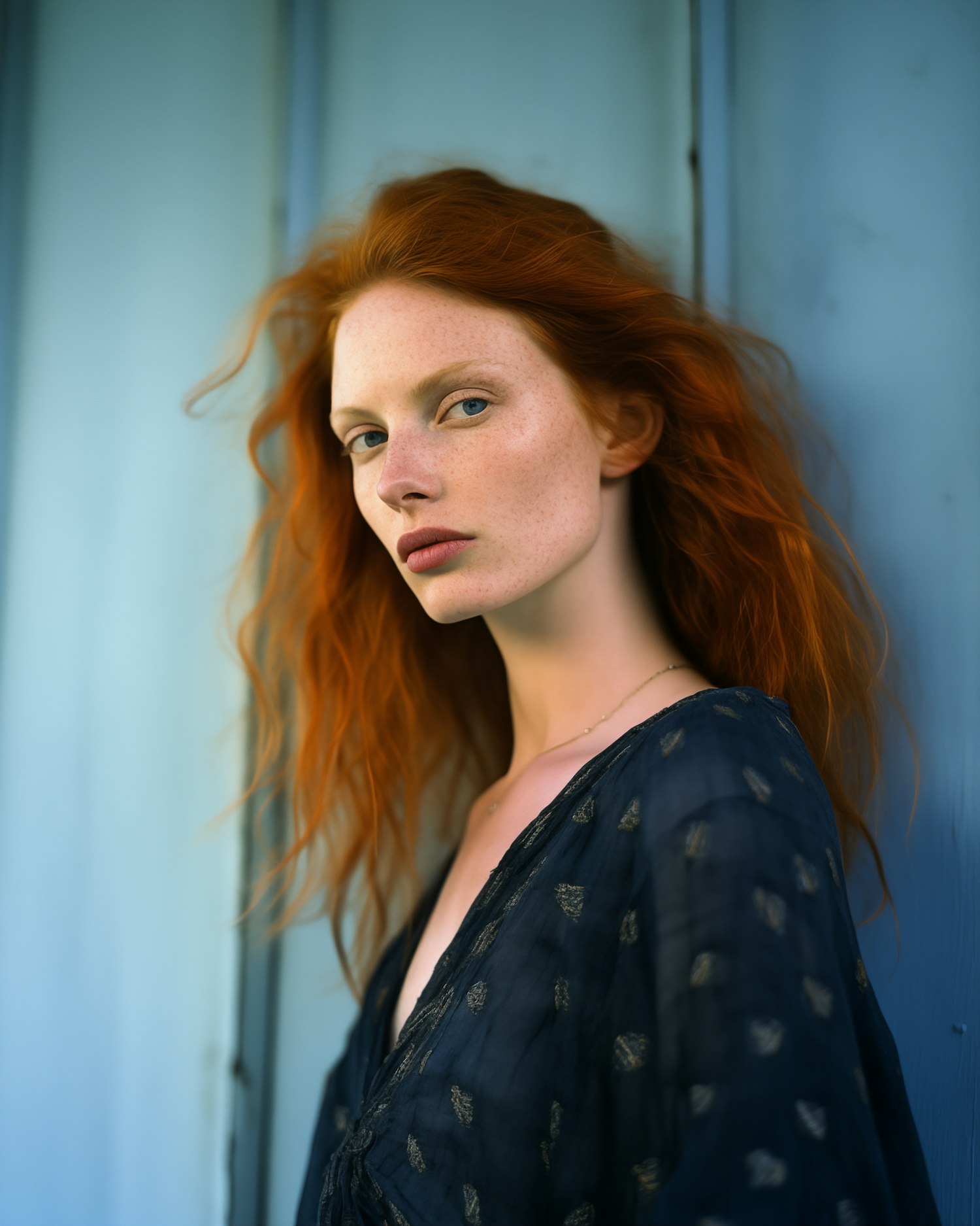 Contemplative Redhead x Blue Background